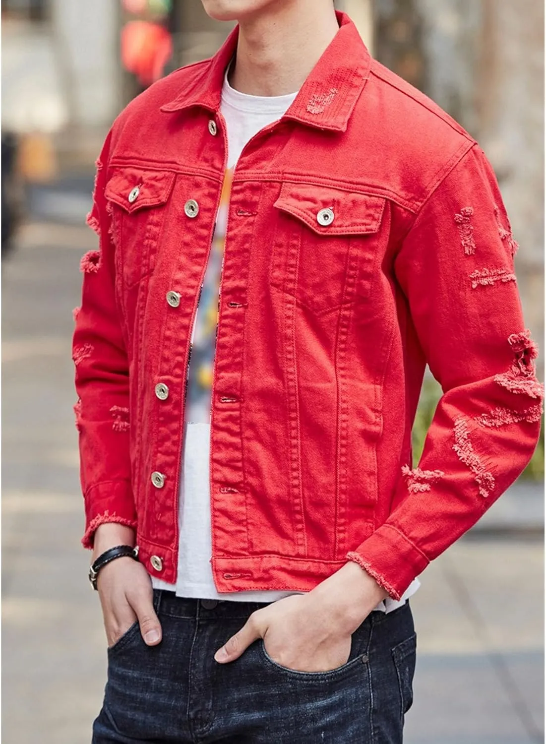 Men's Distressed Ripped Denim Jacket Casual Button Down Holes Trucker Jacket Regular Fit Cotton Biker Jean Coat