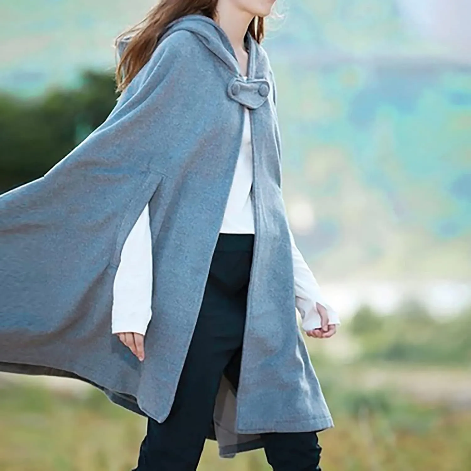 NATHGAM Women's Wool Blend Hooded Capes Baggy Fall Winter Windproof Cloaks Plus Size Cute Thicken Warm Maxi Cardigan Coats