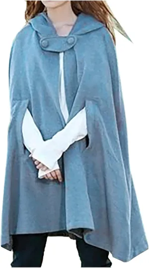 NATHGAM Women's Wool Blend Hooded Capes Baggy Fall Winter Windproof Cloaks Plus Size Cute Thicken Warm Maxi Cardigan Coats