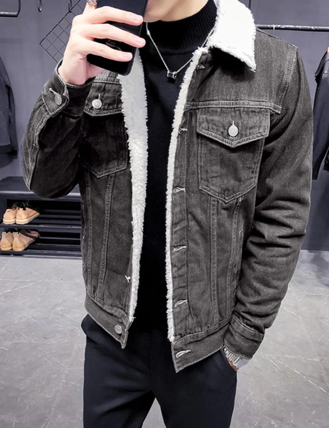 Omoone Men's Lapel Sherpa Fleece Lined Thicken Denim Jean Trucker Jacket Coats