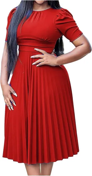 Oplxuo Women's Pleated Midi Dresses Puff Sleeve Crew Neck Solid Color A-Line Swing Formal Dress Fall Wedding Guest Dress