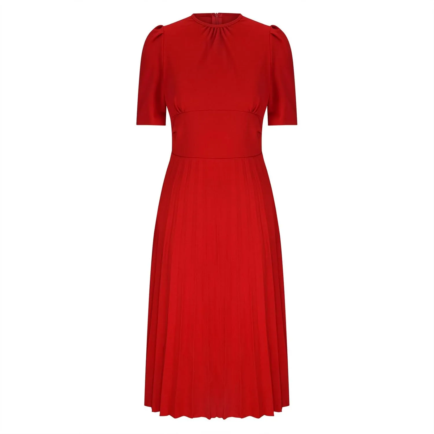 Oplxuo Women's Pleated Midi Dresses Puff Sleeve Crew Neck Solid Color A-Line Swing Formal Dress Fall Wedding Guest Dress