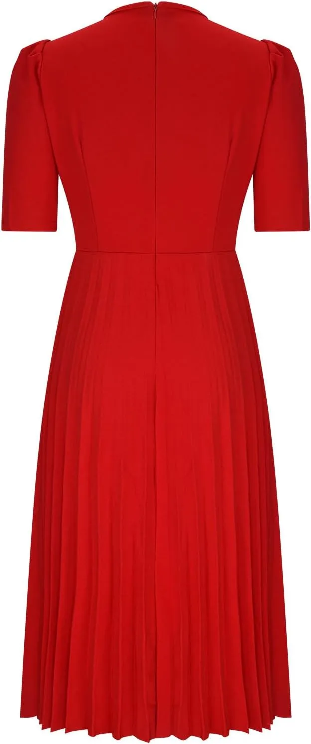Oplxuo Women's Pleated Midi Dresses Puff Sleeve Crew Neck Solid Color A-Line Swing Formal Dress Fall Wedding Guest Dress