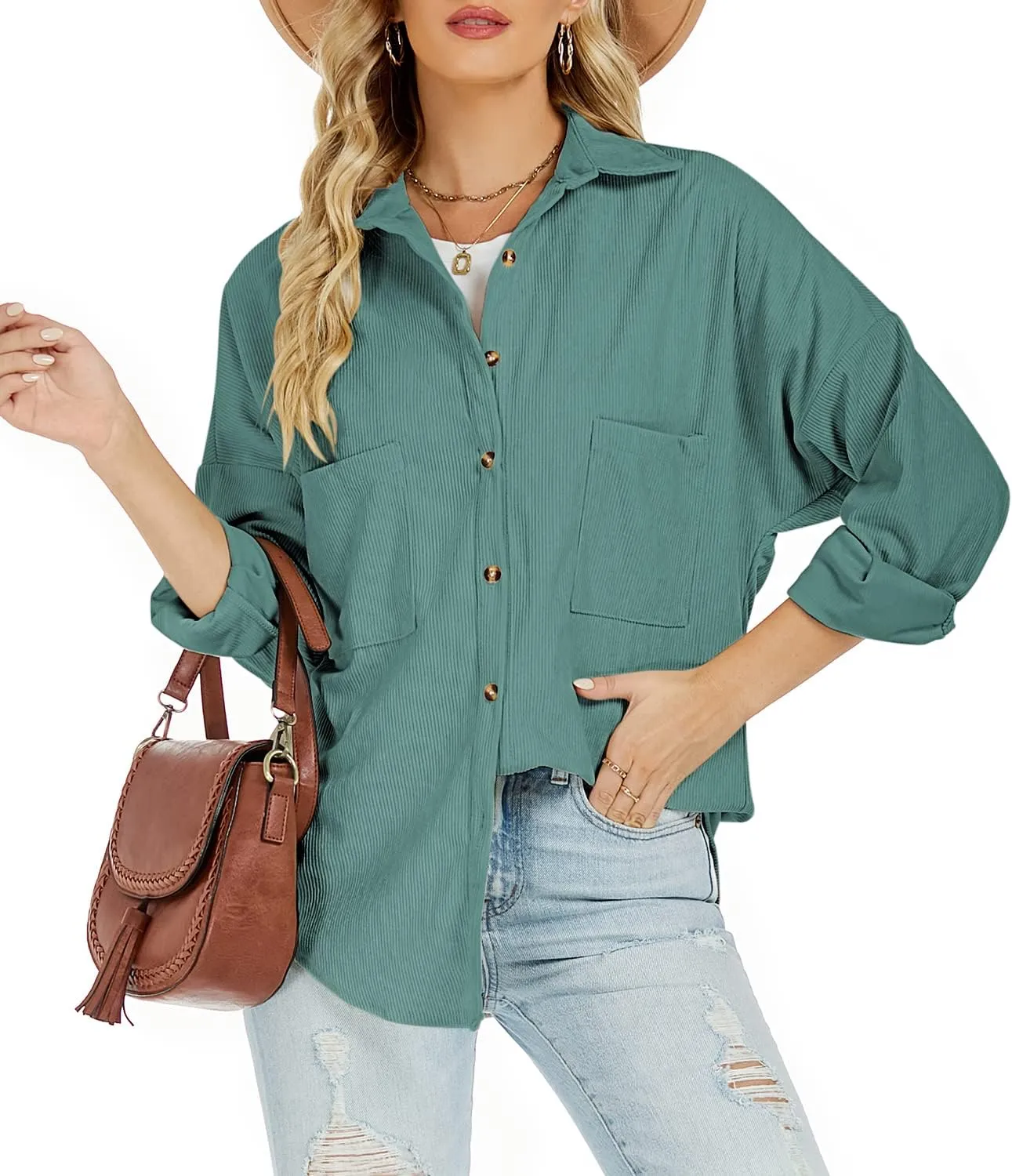 Plus Size Corduroy Jacket for Women Casual Long Sleeve Button Down Shacket Jacket