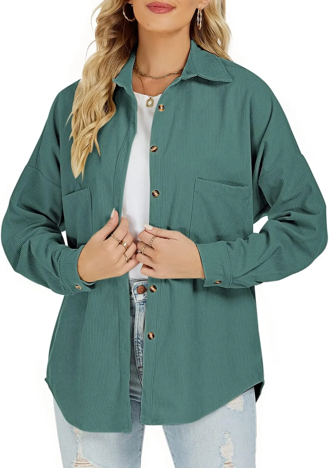 Plus Size Corduroy Jacket for Women Casual Long Sleeve Button Down Shacket Jacket