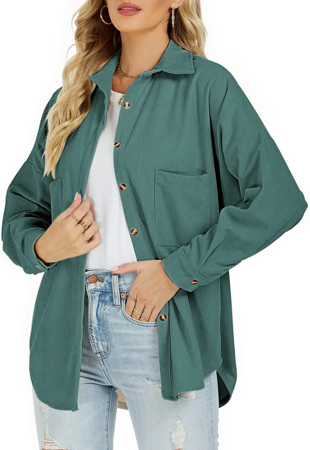 Plus Size Corduroy Jacket for Women Casual Long Sleeve Button Down Shacket Jacket