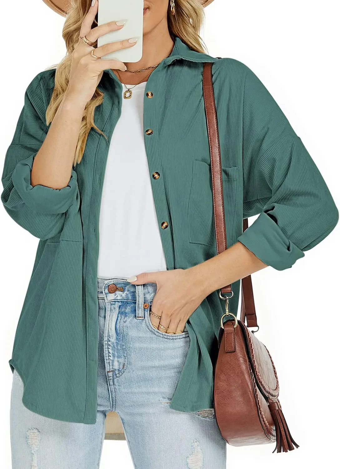 Plus Size Corduroy Jacket for Women Casual Long Sleeve Button Down Shacket Jacket