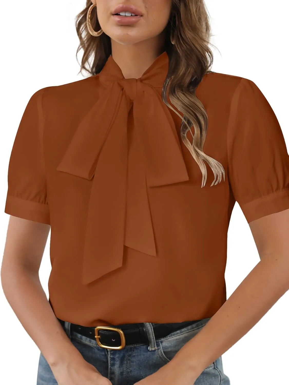Rooscier Women's Bow Tie Neck Short Sleeve Elegant Office Workwear Blouse Shirt Tops