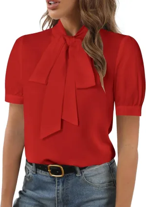 Rooscier Women's Bow Tie Neck Short Sleeve Elegant Office Workwear Blouse Shirt Tops