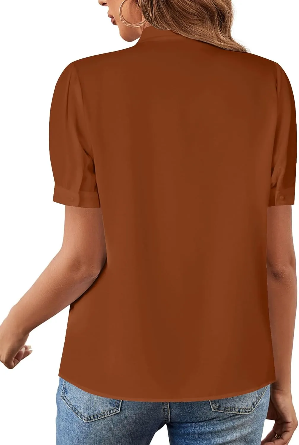 Rooscier Women's Bow Tie Neck Short Sleeve Elegant Office Workwear Blouse Shirt Tops