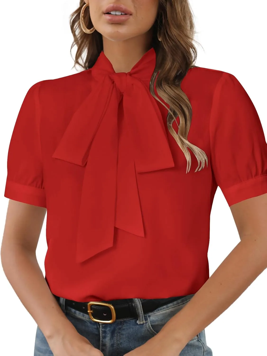 Rooscier Women's Bow Tie Neck Short Sleeve Elegant Office Workwear Blouse Shirt Tops