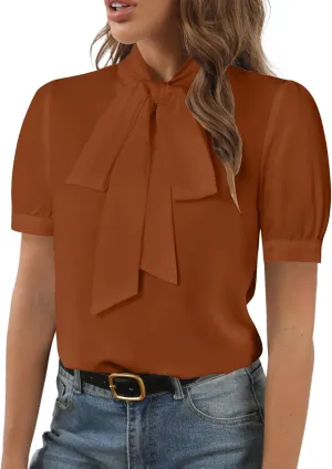 Rooscier Women's Bow Tie Neck Short Sleeve Elegant Office Workwear Blouse Shirt Tops