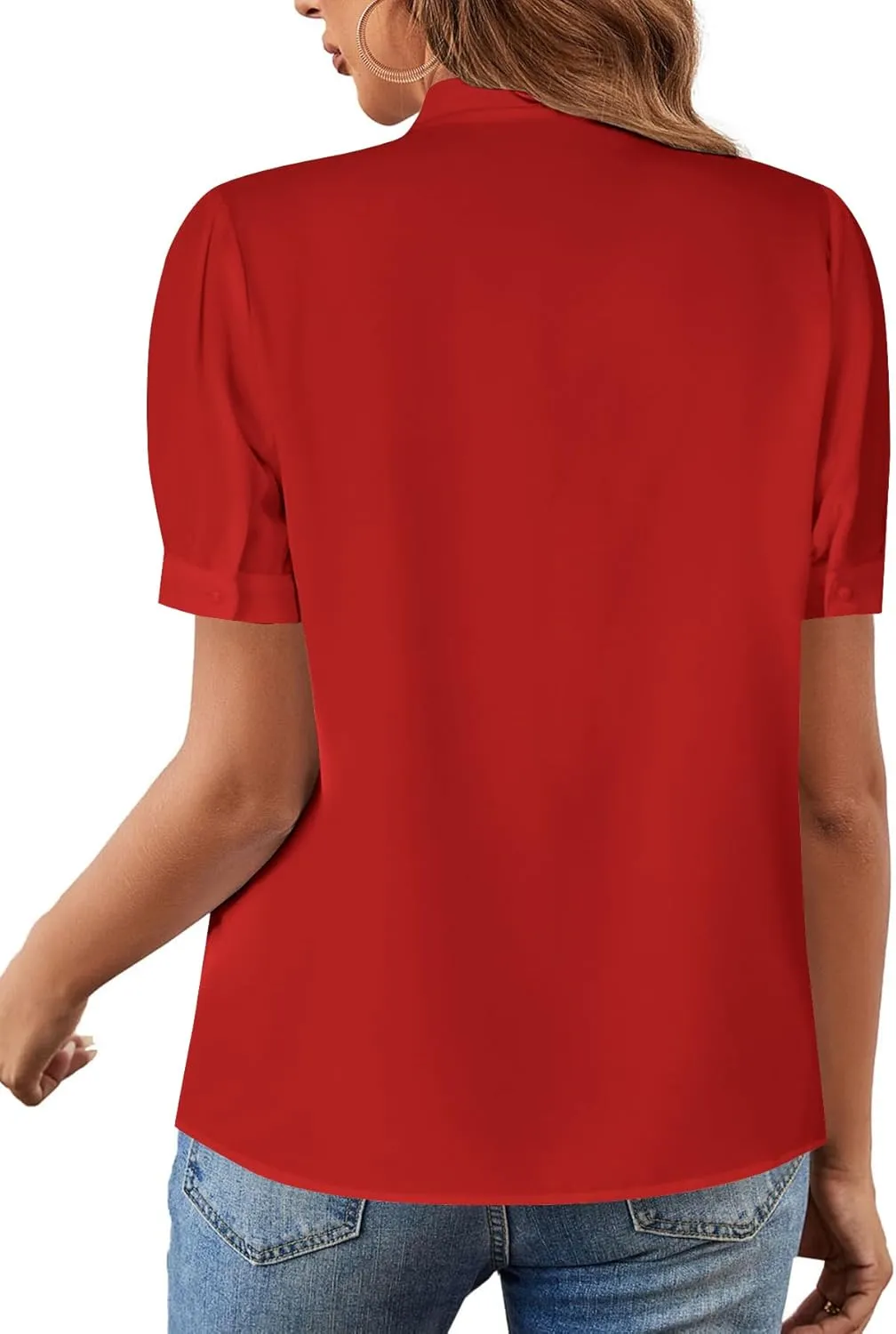 Rooscier Women's Bow Tie Neck Short Sleeve Elegant Office Workwear Blouse Shirt Tops