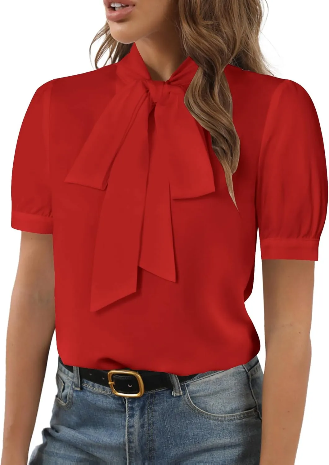 Rooscier Women's Bow Tie Neck Short Sleeve Elegant Office Workwear Blouse Shirt Tops