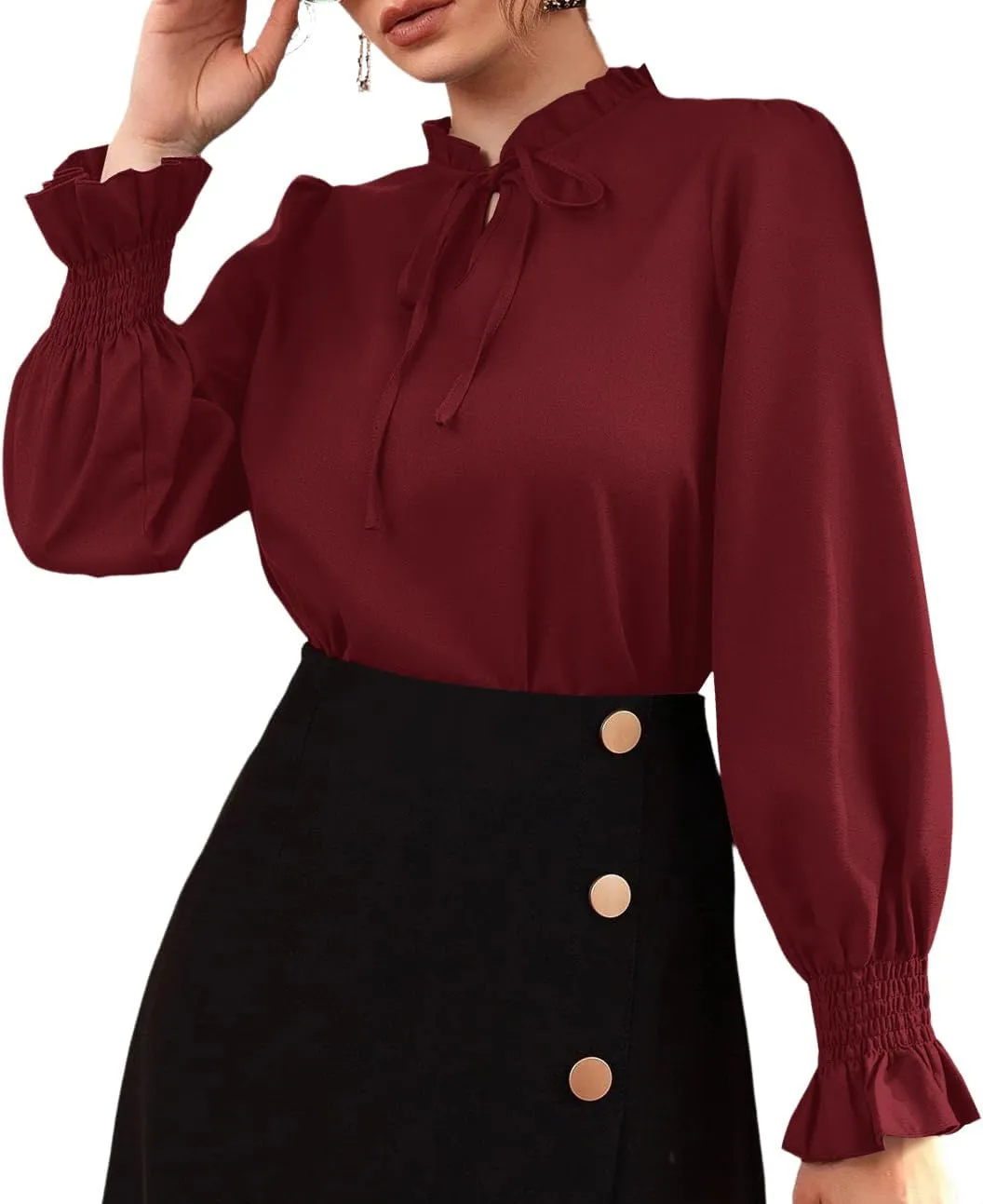 Rooscier Women's Frill Mock Neck Self Tie Shirred Ruffle Long Sleeve Elegant Blouse