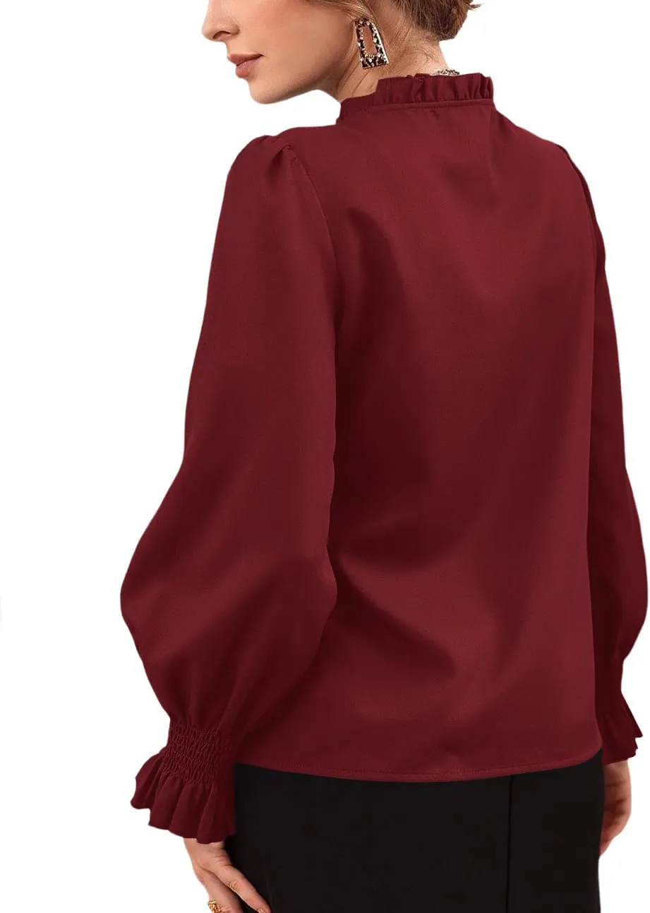 Rooscier Women's Frill Mock Neck Self Tie Shirred Ruffle Long Sleeve Elegant Blouse