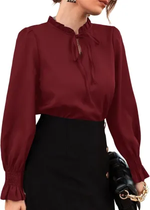 Rooscier Women's Frill Mock Neck Self Tie Shirred Ruffle Long Sleeve Elegant Blouse