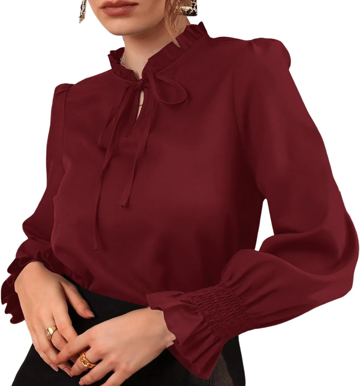 Rooscier Women's Frill Mock Neck Self Tie Shirred Ruffle Long Sleeve Elegant Blouse