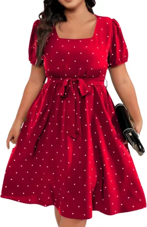 Short Polka Dot Dress for Women 2025 Vintage Square Neck Prom Party Loose Fit Dress with Belt Summer Casual Aline Dress