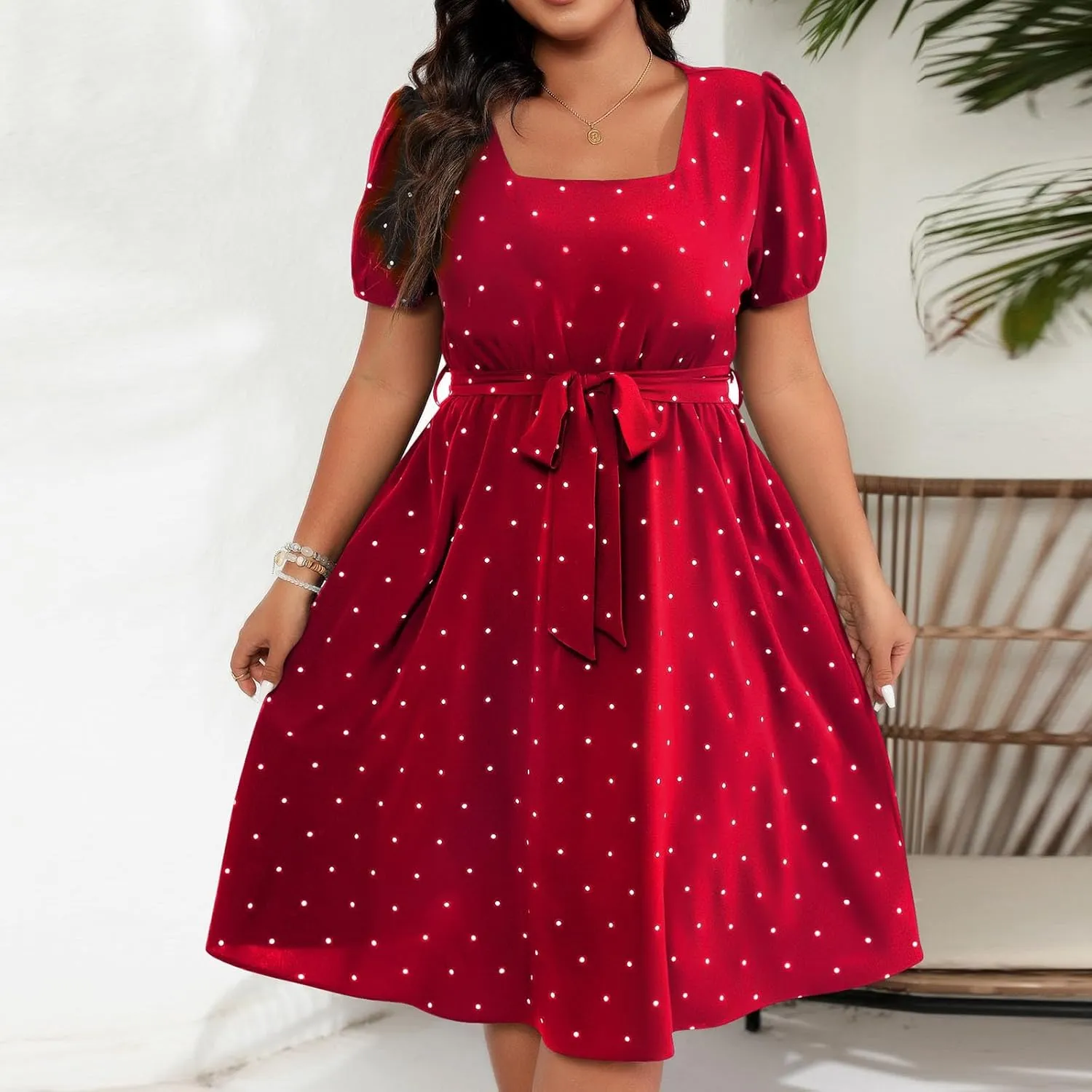 Short Polka Dot Dress for Women 2025 Vintage Square Neck Prom Party Loose Fit Dress with Belt Summer Casual Aline Dress