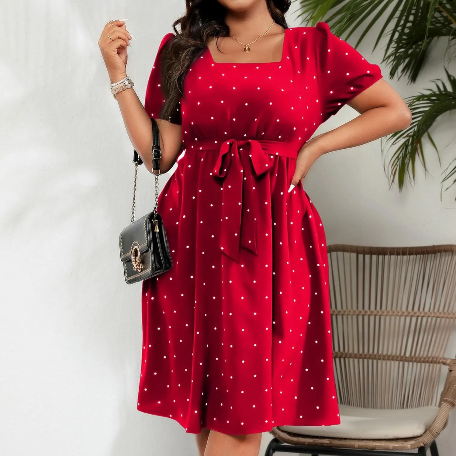 Short Polka Dot Dress for Women 2025 Vintage Square Neck Prom Party Loose Fit Dress with Belt Summer Casual Aline Dress