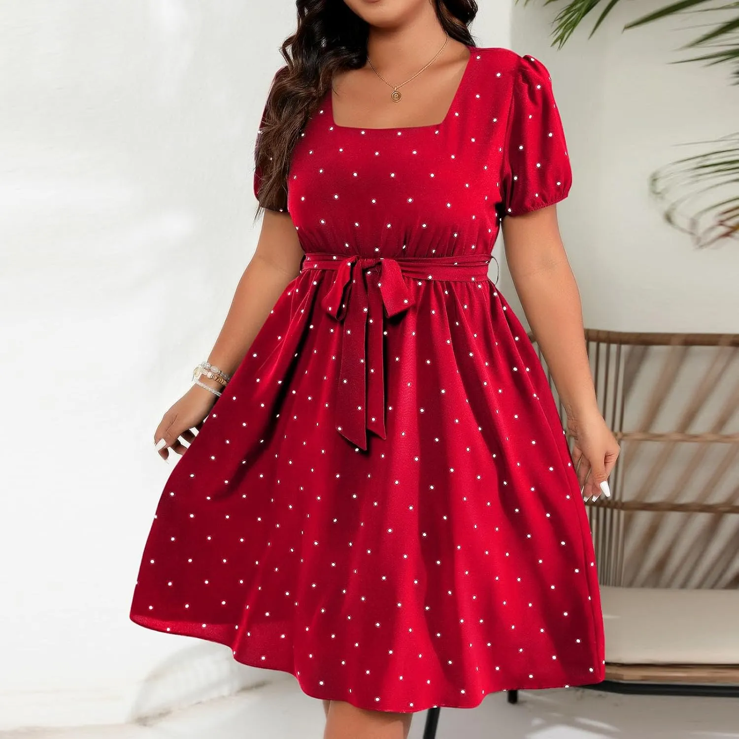 Short Polka Dot Dress for Women 2025 Vintage Square Neck Prom Party Loose Fit Dress with Belt Summer Casual Aline Dress
