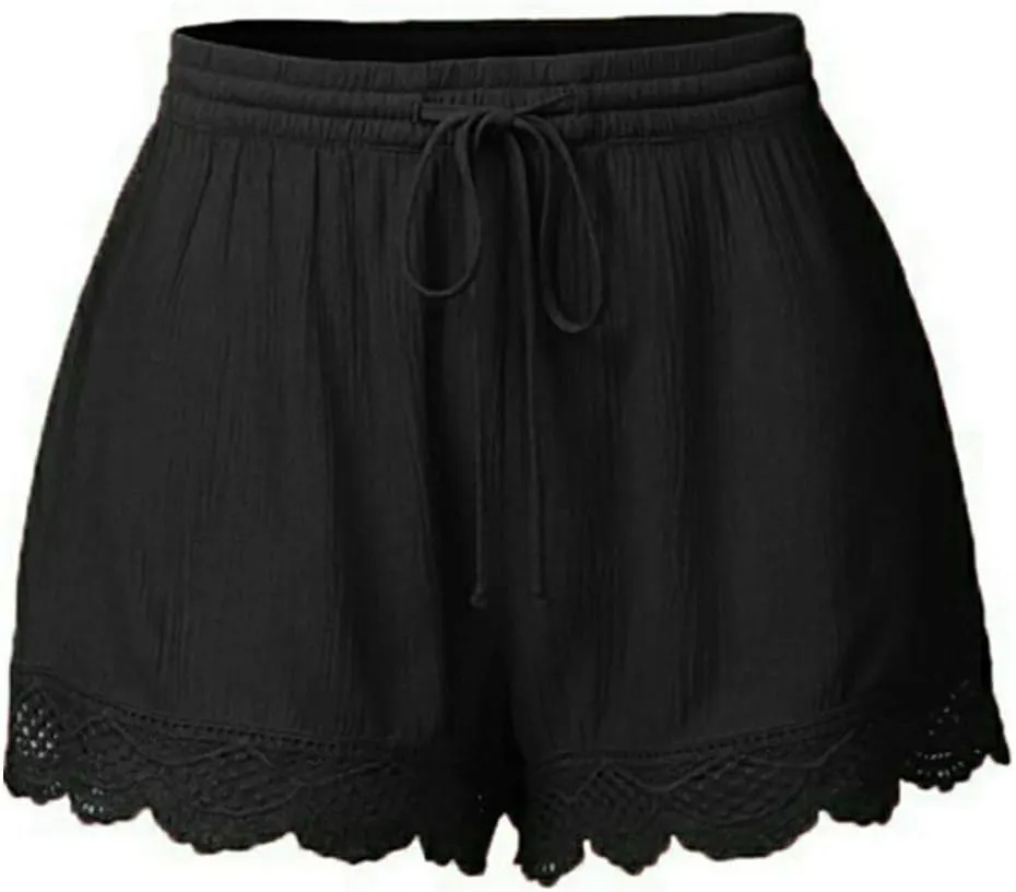 Shorts for Women Casual Stretch Lace Trim Hem Print Summer Beach Short Plus Size Elastic Waist Yoga Dress Shorts