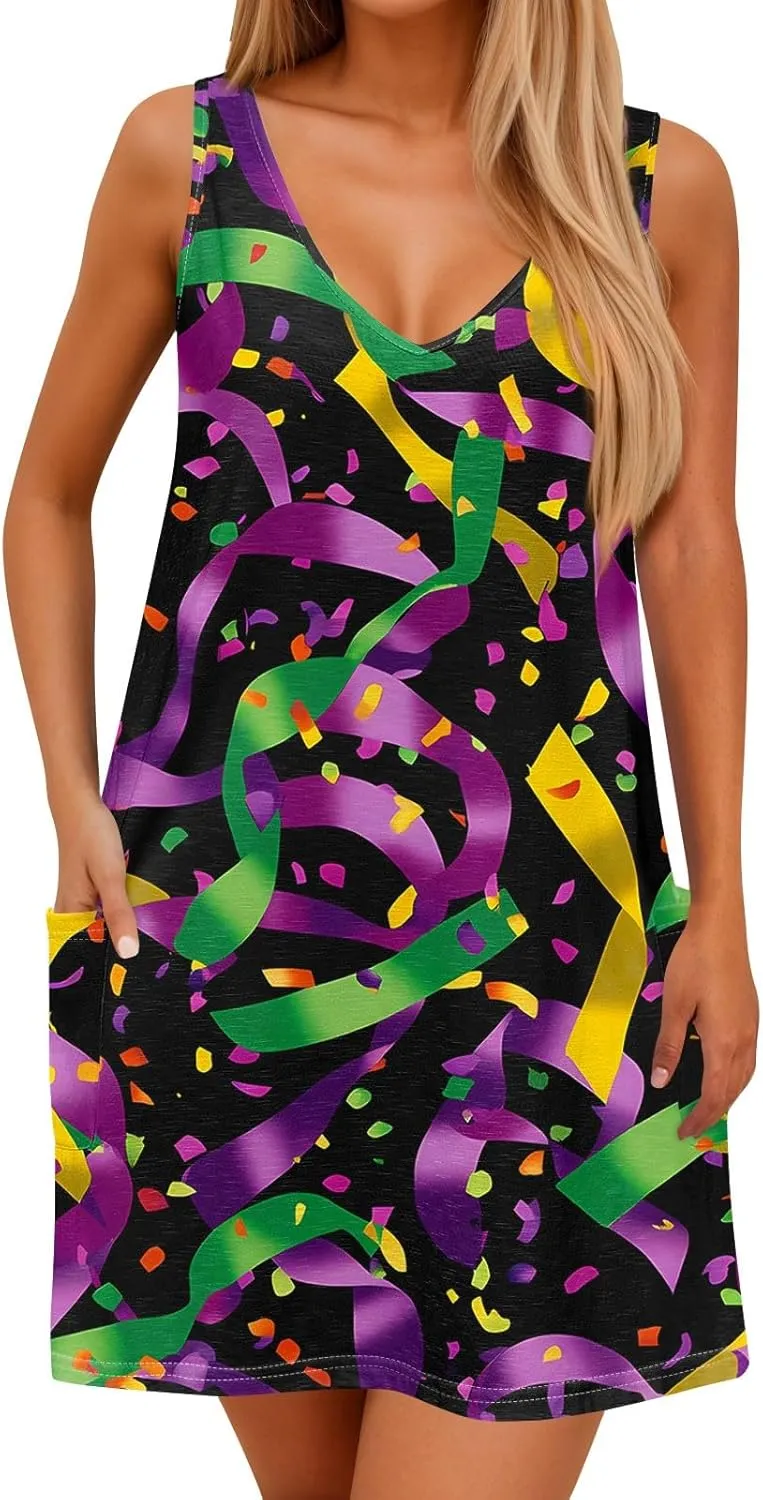 Summer Dresses for Women 2025 Vacation Sundress Printed Sleeveless Swimsuit Coverup Casual V Neck Dress with Pocket