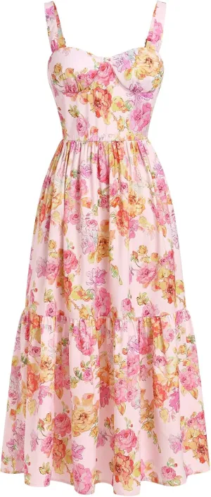 Women Floral Corset Dress Cottagecore Tiered Dress Sleeveless Bustier Dress Summer Flowy Spaghetti Strap Sundress