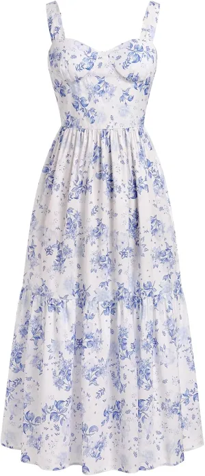 Women Floral Corset Dress Cottagecore Tiered Dress Sleeveless Bustier Dress Summer Flowy Spaghetti Strap Sundress