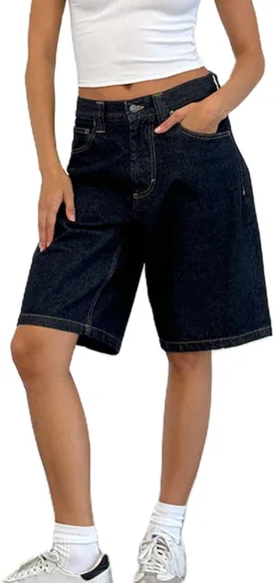 Women Long Baggy Jean Shorts Y2k Vintage Straight Leg Casual Knee Length Denim Bermuda Shorts Jorts with Pockets