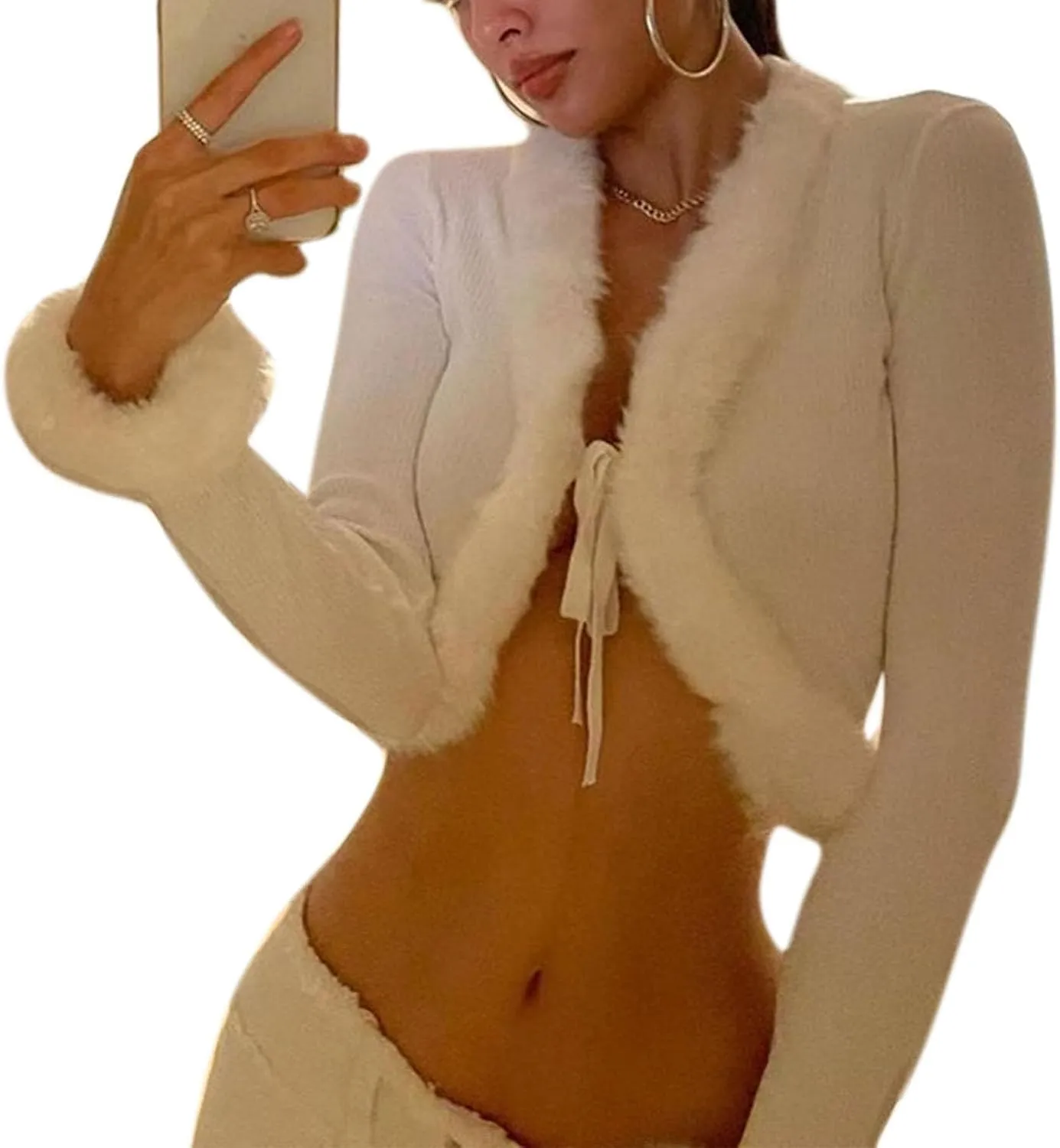 Women Y2K Long Sleeve Tie Front Blouse Fluffy Trim Collar Cuff Faux Fur Blouse