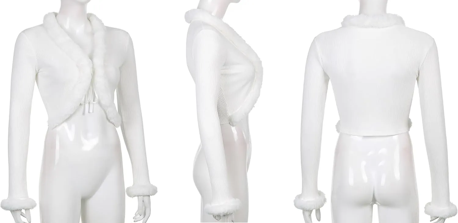 Women Y2K Long Sleeve Tie Front Blouse Fluffy Trim Collar Cuff Faux Fur Blouse