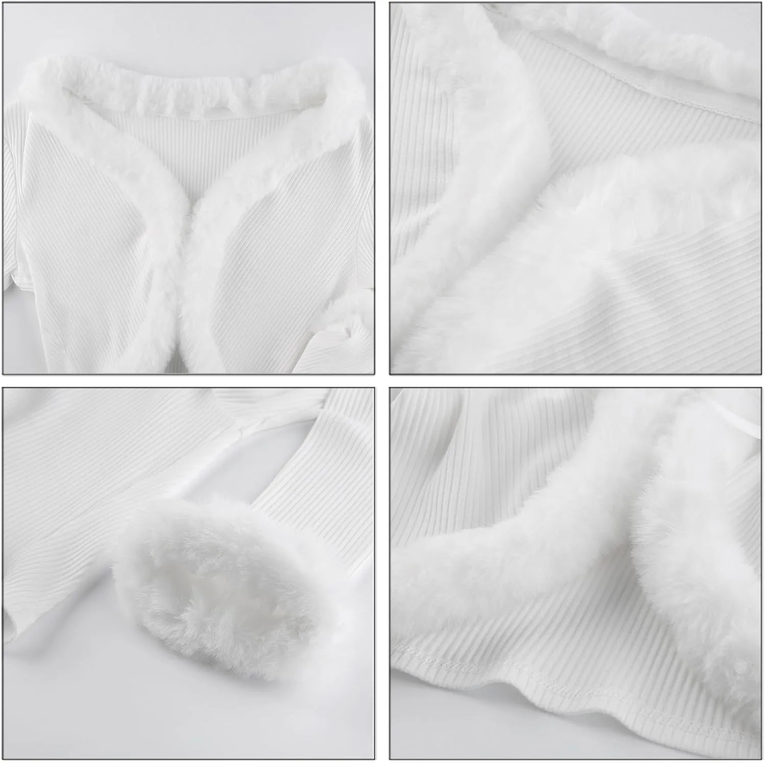 Women Y2K Long Sleeve Tie Front Blouse Fluffy Trim Collar Cuff Faux Fur Blouse