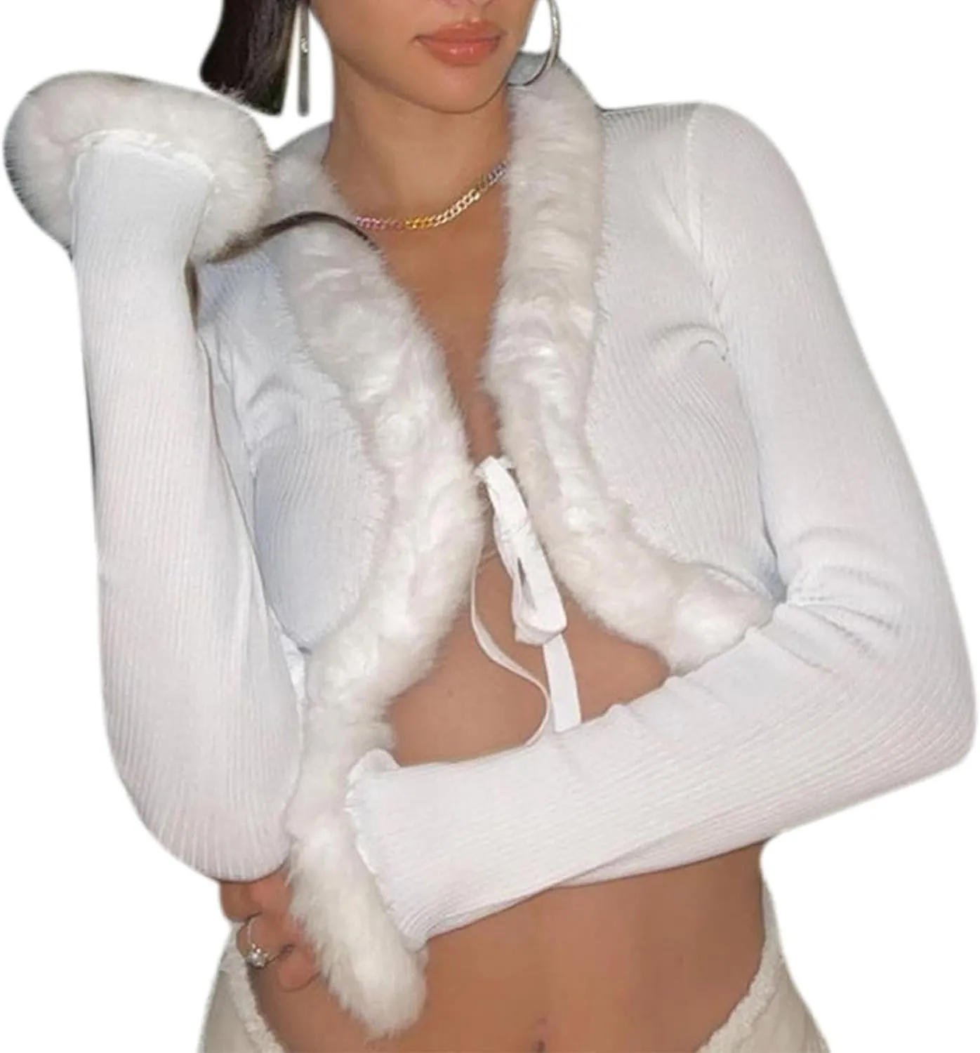 Women Y2K Long Sleeve Tie Front Blouse Fluffy Trim Collar Cuff Faux Fur Blouse