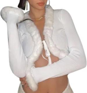 Women Y2K Long Sleeve Tie Front Blouse Fluffy Trim Collar Cuff Faux Fur Blouse