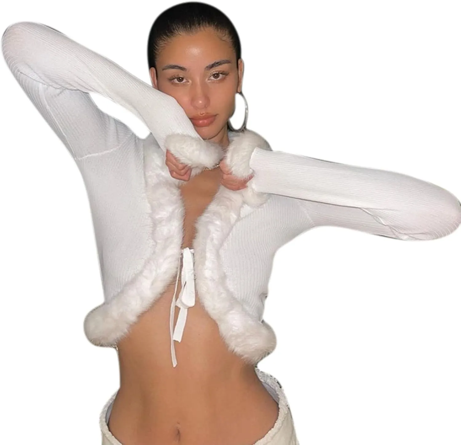 Women Y2K Long Sleeve Tie Front Blouse Fluffy Trim Collar Cuff Faux Fur Blouse