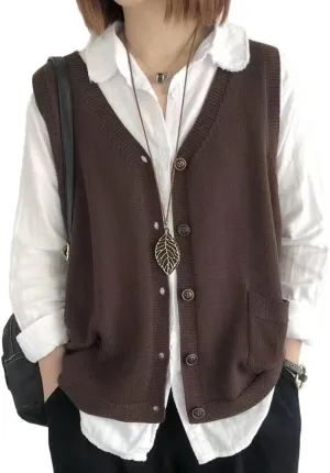 Women's Button V Neck Sleeveless Knitted Layered Cardigan Sweater Vest