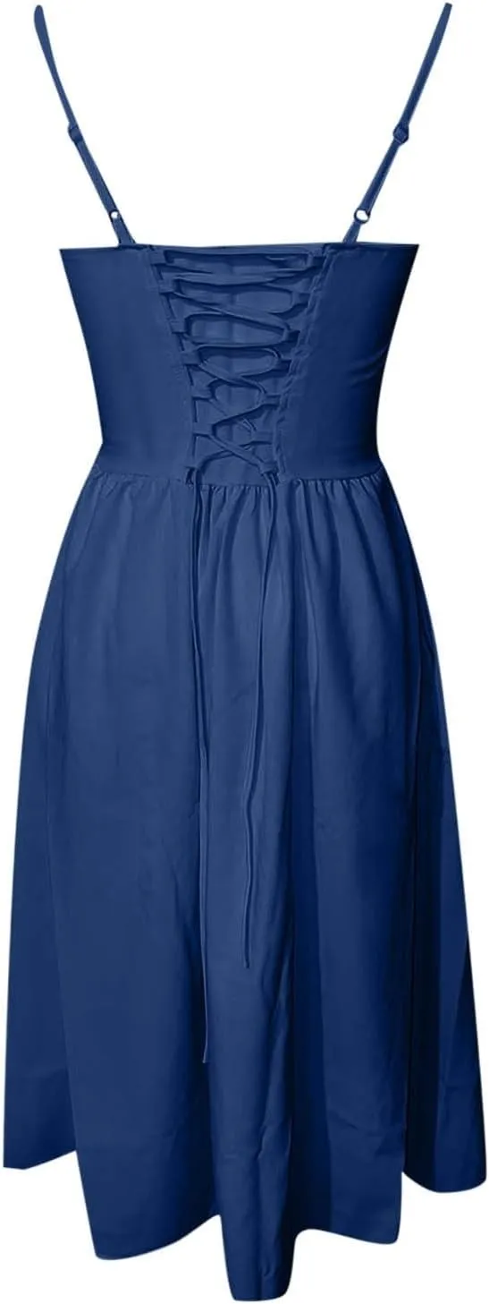 Womens Corset Dress Sexy Spaghetti Strap Bustier Midi Dress Low Cut Flowy Pleated Hem Elegant Formal Dresses with Pocket