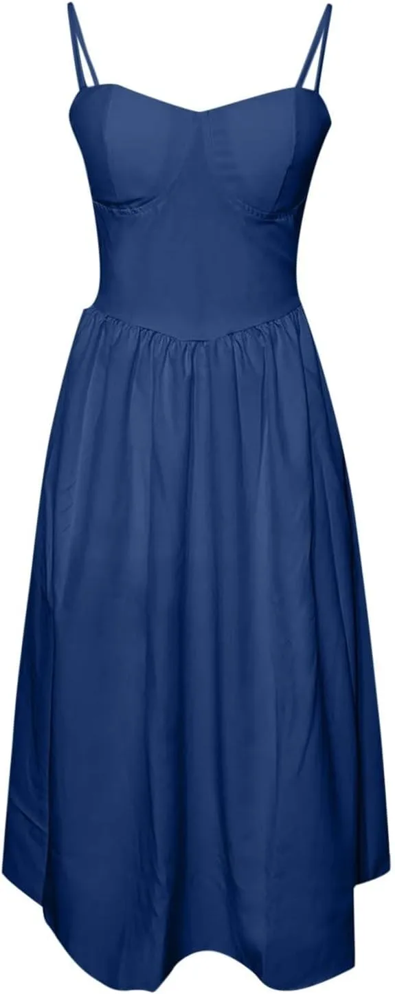 Womens Corset Dress Sexy Spaghetti Strap Bustier Midi Dress Low Cut Flowy Pleated Hem Elegant Formal Dresses with Pocket