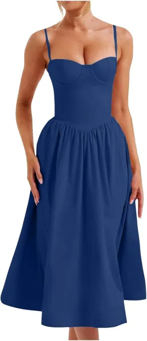 Womens Corset Dress Sexy Spaghetti Strap Bustier Midi Dress Low Cut Flowy Pleated Hem Elegant Formal Dresses with Pocket