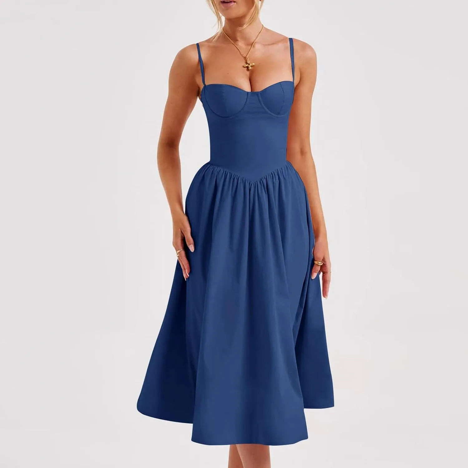 Womens Corset Dress Sexy Spaghetti Strap Bustier Midi Dress Low Cut Flowy Pleated Hem Elegant Formal Dresses with Pocket