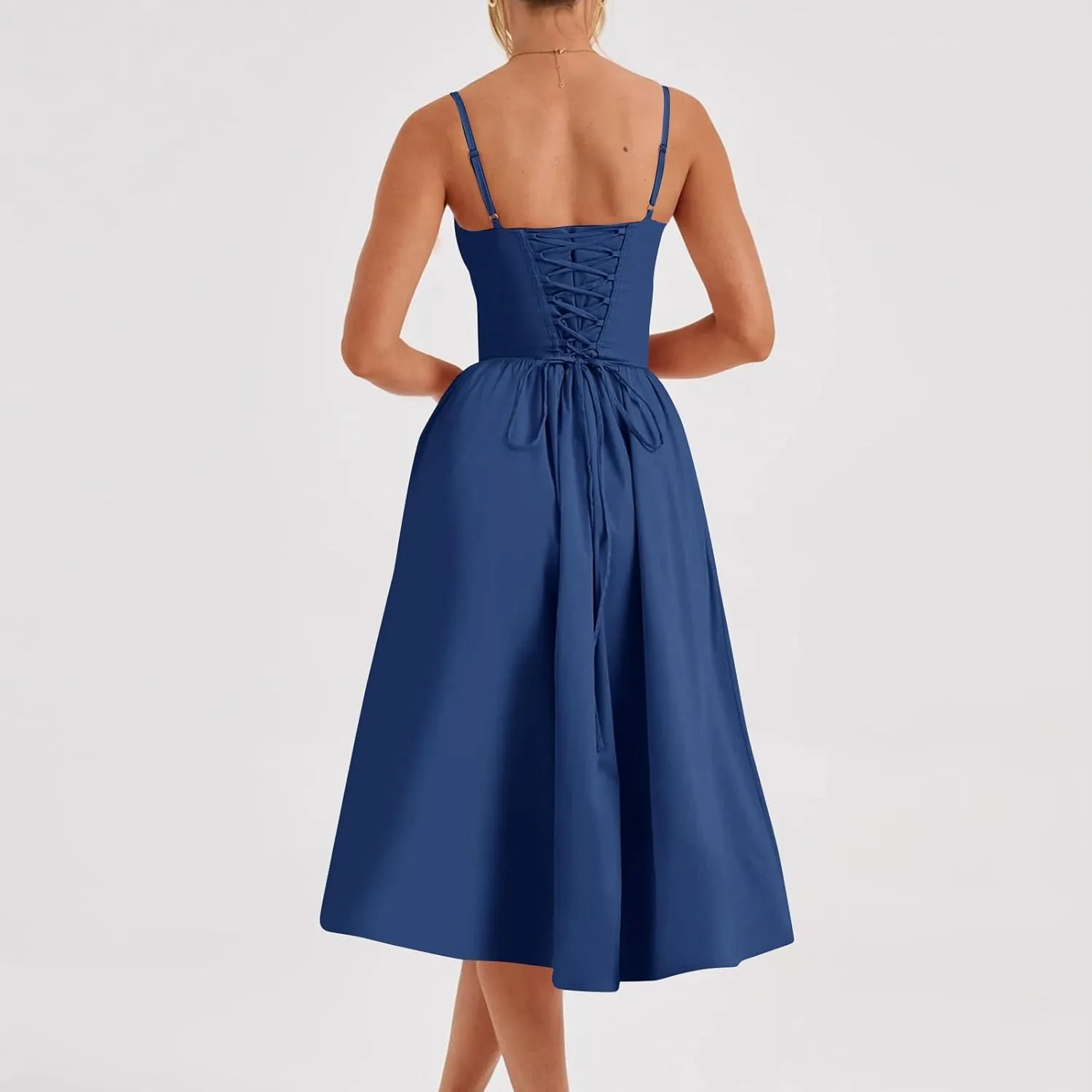 Womens Corset Dress Sexy Spaghetti Strap Bustier Midi Dress Low Cut Flowy Pleated Hem Elegant Formal Dresses with Pocket
