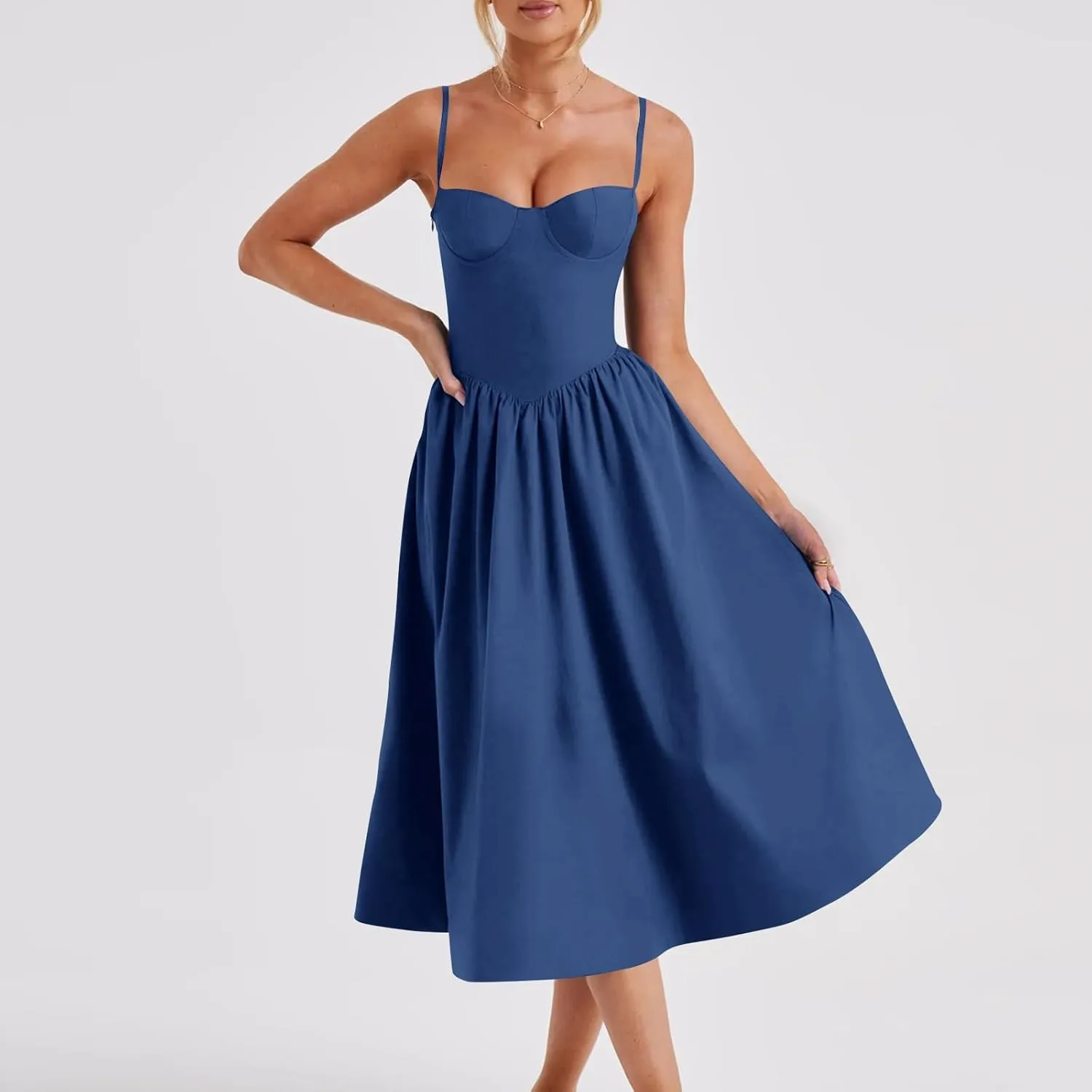 Womens Corset Dress Sexy Spaghetti Strap Bustier Midi Dress Low Cut Flowy Pleated Hem Elegant Formal Dresses with Pocket