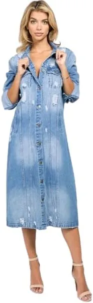 Women's Distressed Hole Over Knee Midi Long Denim Jacket Trench Coat