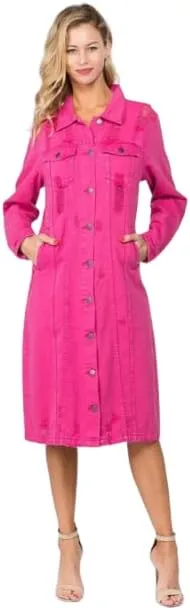 Women's Distressed Hole Over Knee Midi Long Denim Jacket Trench Coat