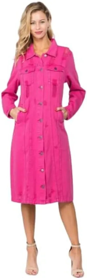 Women's Distressed Hole Over Knee Midi Long Denim Jacket Trench Coat