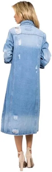 Women's Distressed Hole Over Knee Midi Long Denim Jacket Trench Coat