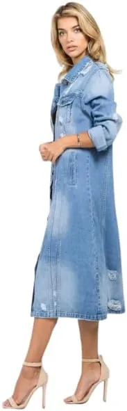 Women's Distressed Hole Over Knee Midi Long Denim Jacket Trench Coat