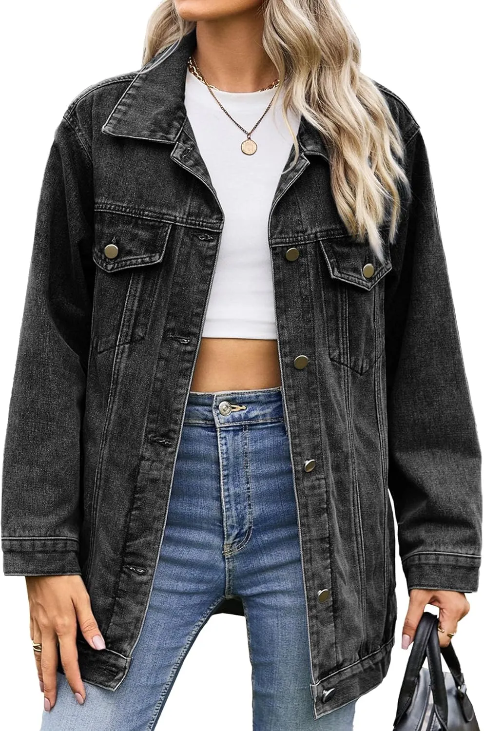 Womens Jackets Dressy Casual Oversized Boyfriend Denim Jacket Button Down Regualr Fit Outerwear Jacket with Pockets